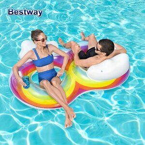 Bestway Rainbow Dreams 2 Person Swim Ring with Headrest & Cup Holders NWT, NWT